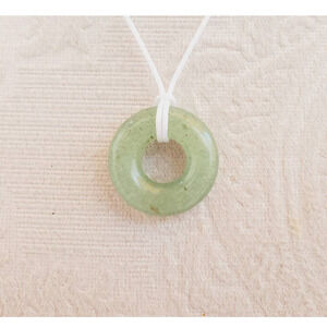 Green Aventurine Necklace Disk Shape Pendant White Corded Necklace
